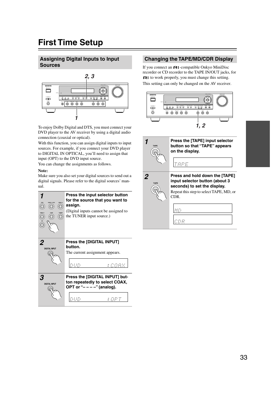 First time setup, Assigning digital inputs to input sources, Changing the tape/md/cdr display | Utton (33) | Onkyo HT-S580 User Manual | Page 33 / 60