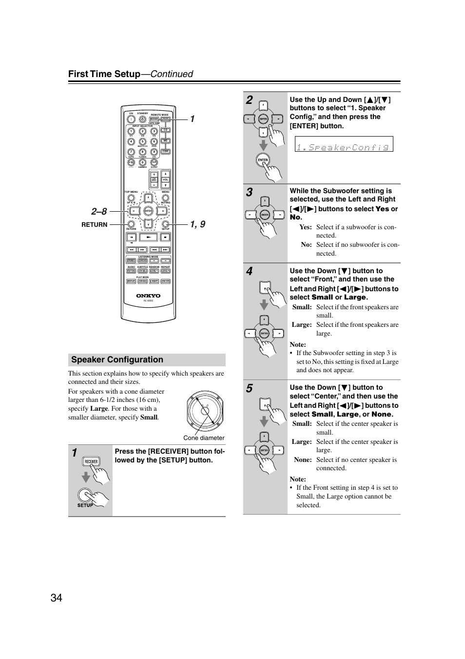 Speaker configuration, First time setup —continued | Onkyo HT-S580 User Manual | Page 34 / 60