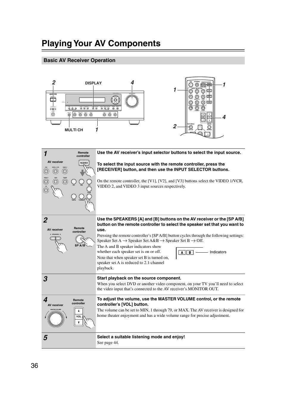 Playing your av components, Basic av receiver operation, Basic operation | Ol (36), Uttons (36), S (36), Utton (36), Standby, Speaker set a&b, Speaker set b | Onkyo HT-S580 User Manual | Page 36 / 60