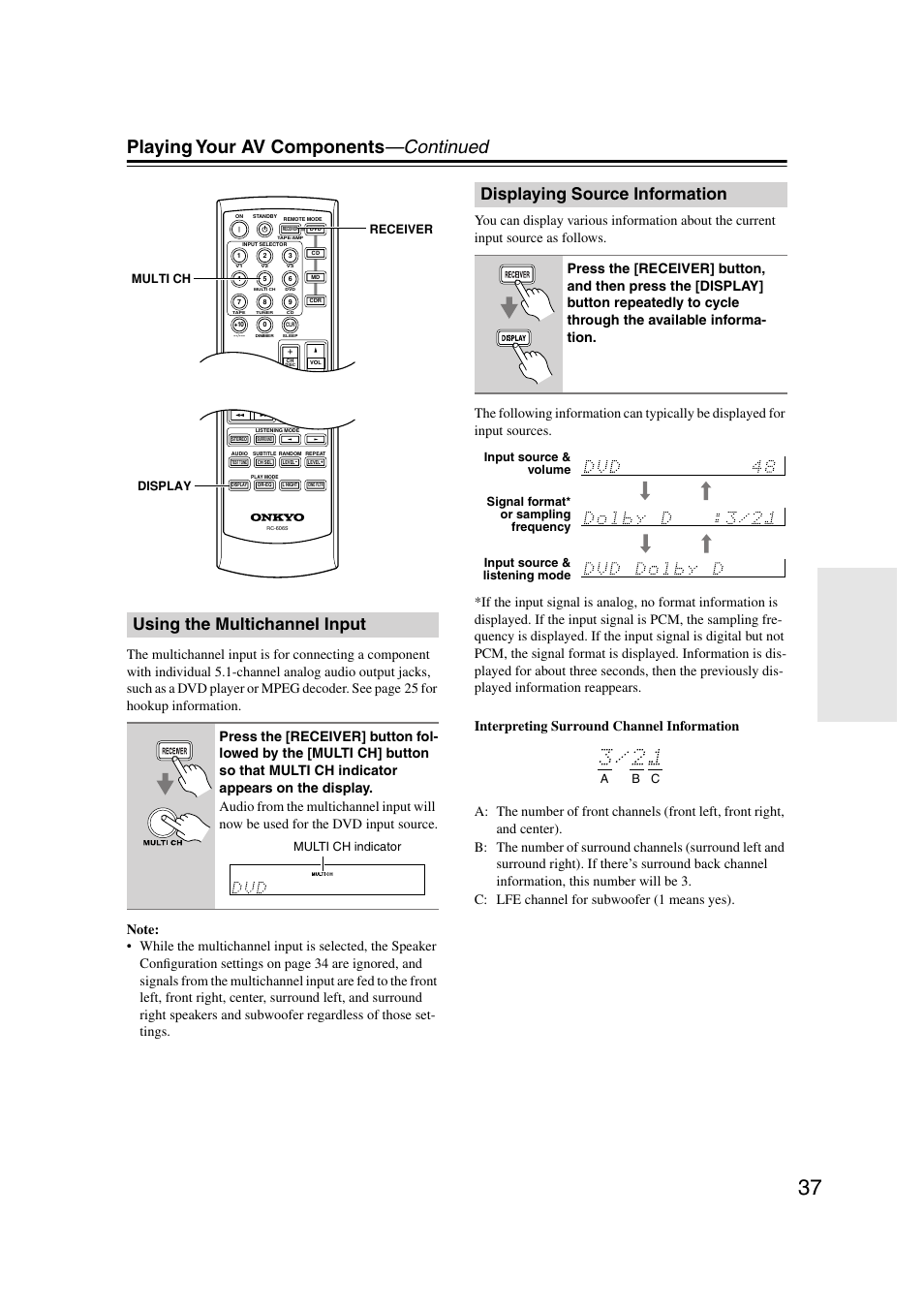 Using the multichannel input, Displaying source information, Utton (37) | Playing your av components —continued, Display receiver multi ch multi ch indicator | Onkyo HT-S580 User Manual | Page 37 / 60