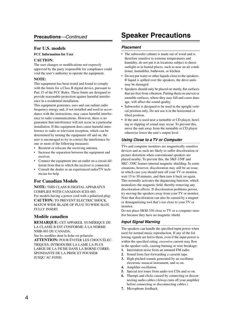 Speaker precautions, Precautions —continued for u.s. models, For canadian models | Modèle canadien | Onkyo HT-S580 User Manual | Page 4 / 60