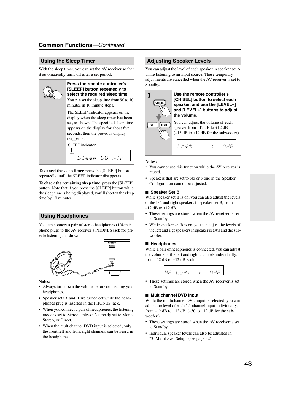 Using the sleep timer, Using headphones, Adjusting speaker levels | K (43), Sleep indicator (43), Utton (43), Common functions —continued | Onkyo HT-S580 User Manual | Page 43 / 60