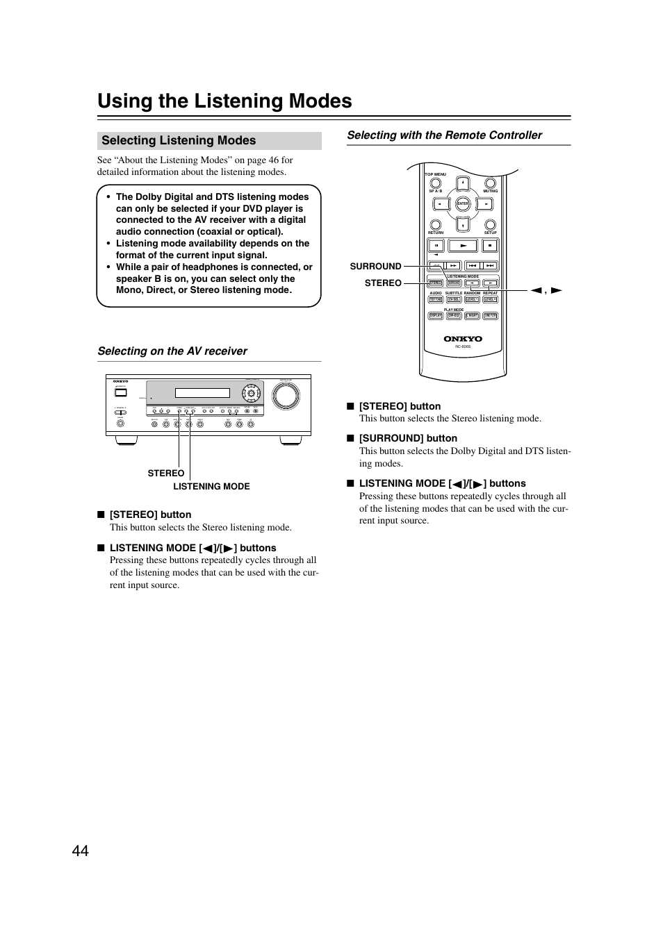 Using the listening modes, Selecting listening modes, Enjoying the listening modes | Utton (44), Uttons (44), Selecting on the av receiver, Selecting with the remote controller | Onkyo HT-S580 User Manual | Page 44 / 60