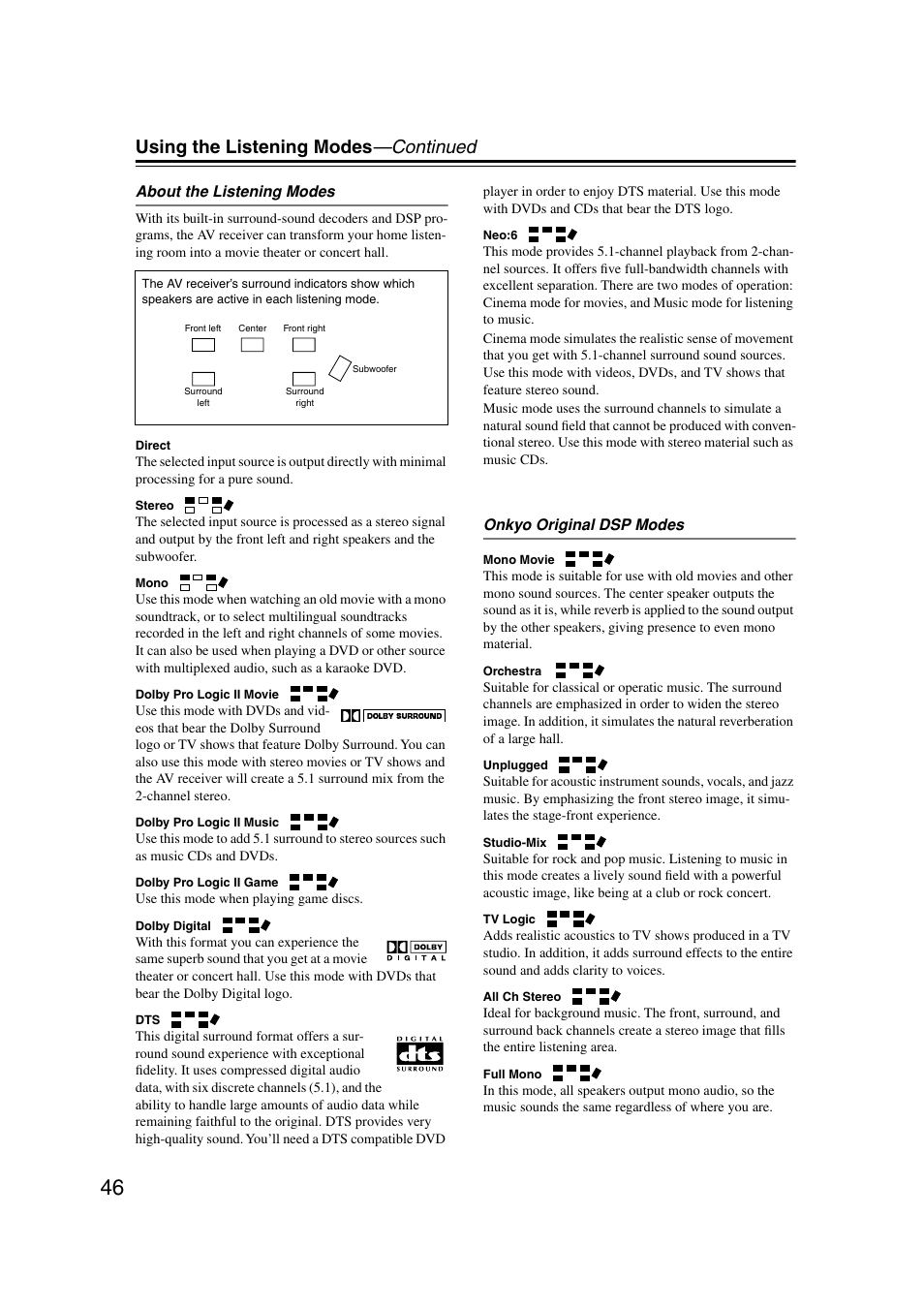 S (46), Using the listening modes —continued | Onkyo HT-S580 User Manual | Page 46 / 60