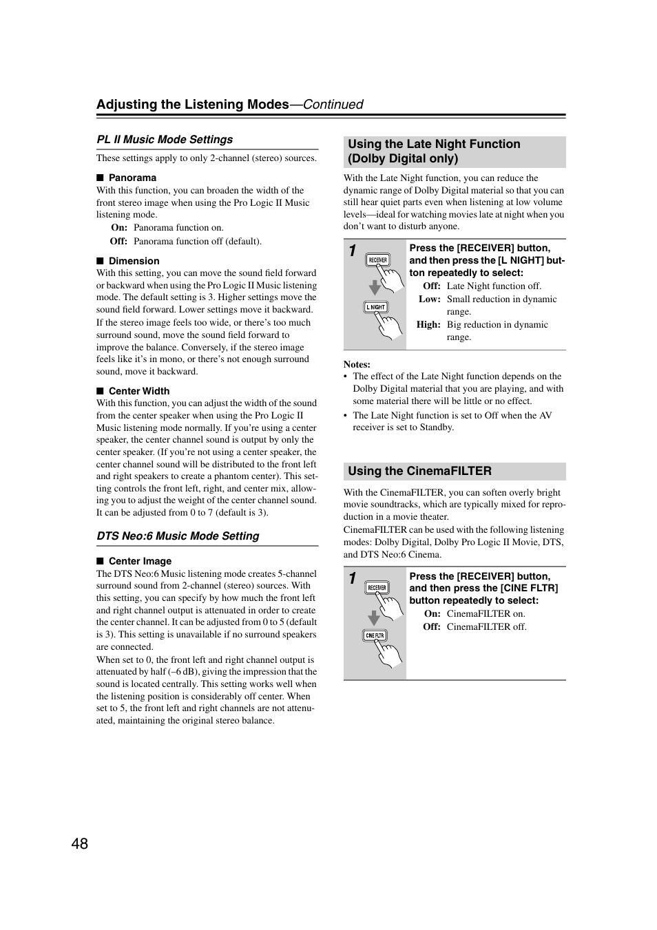Using the late night function (dolbydigital only), Using the cinemafilter, Utton (48) | Adjusting the listening modes —continued | Onkyo HT-S580 User Manual | Page 48 / 60