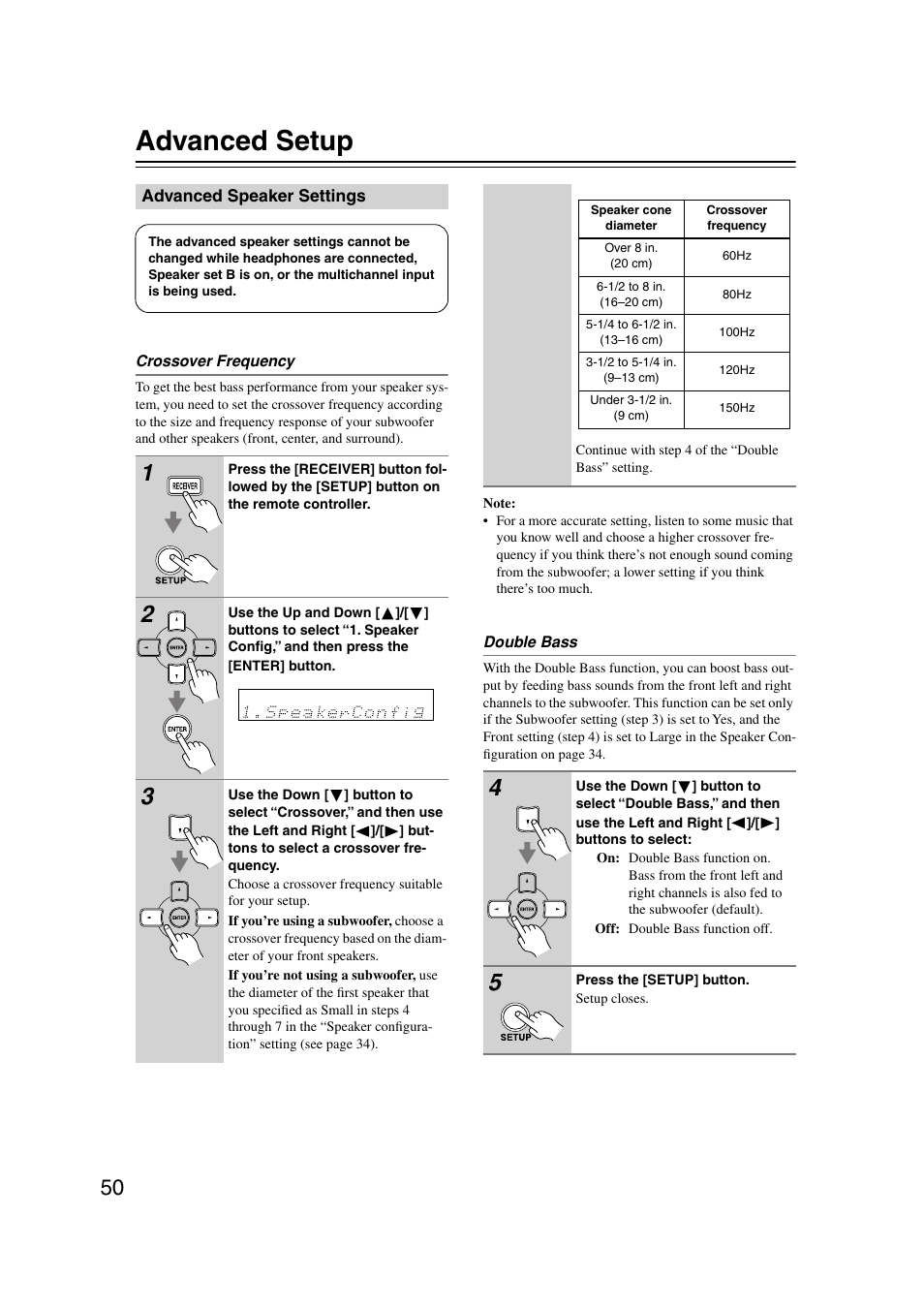 Advanced setup, Advanced speaker settings | Onkyo HT-S580 User Manual | Page 50 / 60