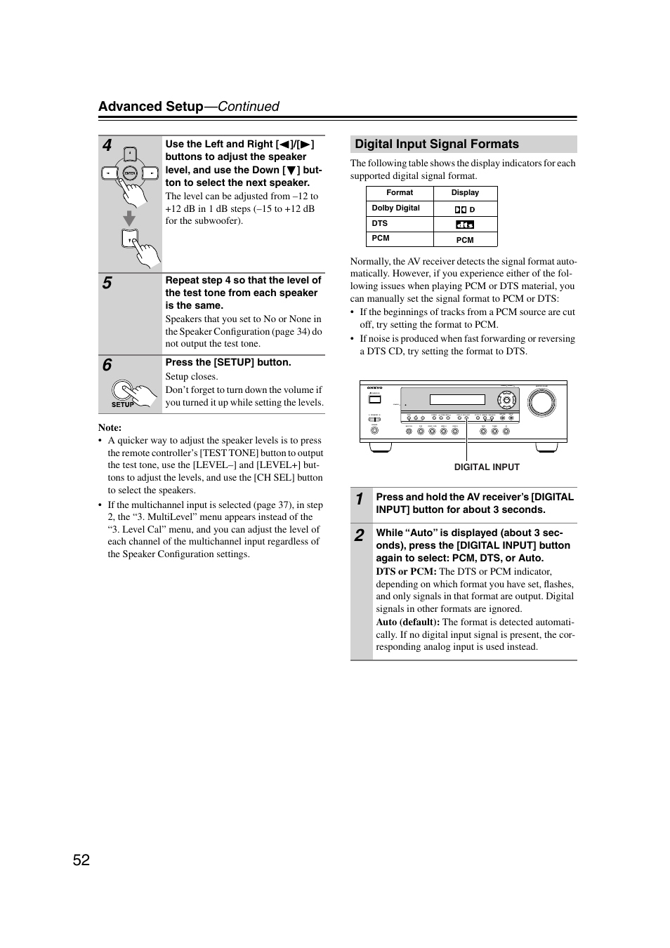 Digital input signal formats, Advanced setup —continued | Onkyo HT-S580 User Manual | Page 52 / 60