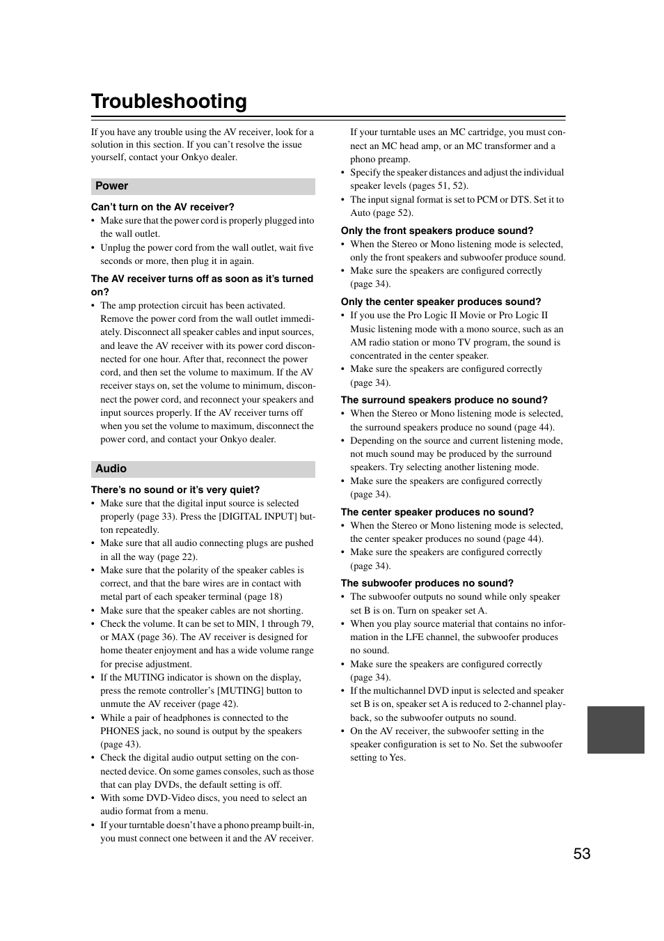 Troubleshooting | Onkyo HT-S580 User Manual | Page 53 / 60