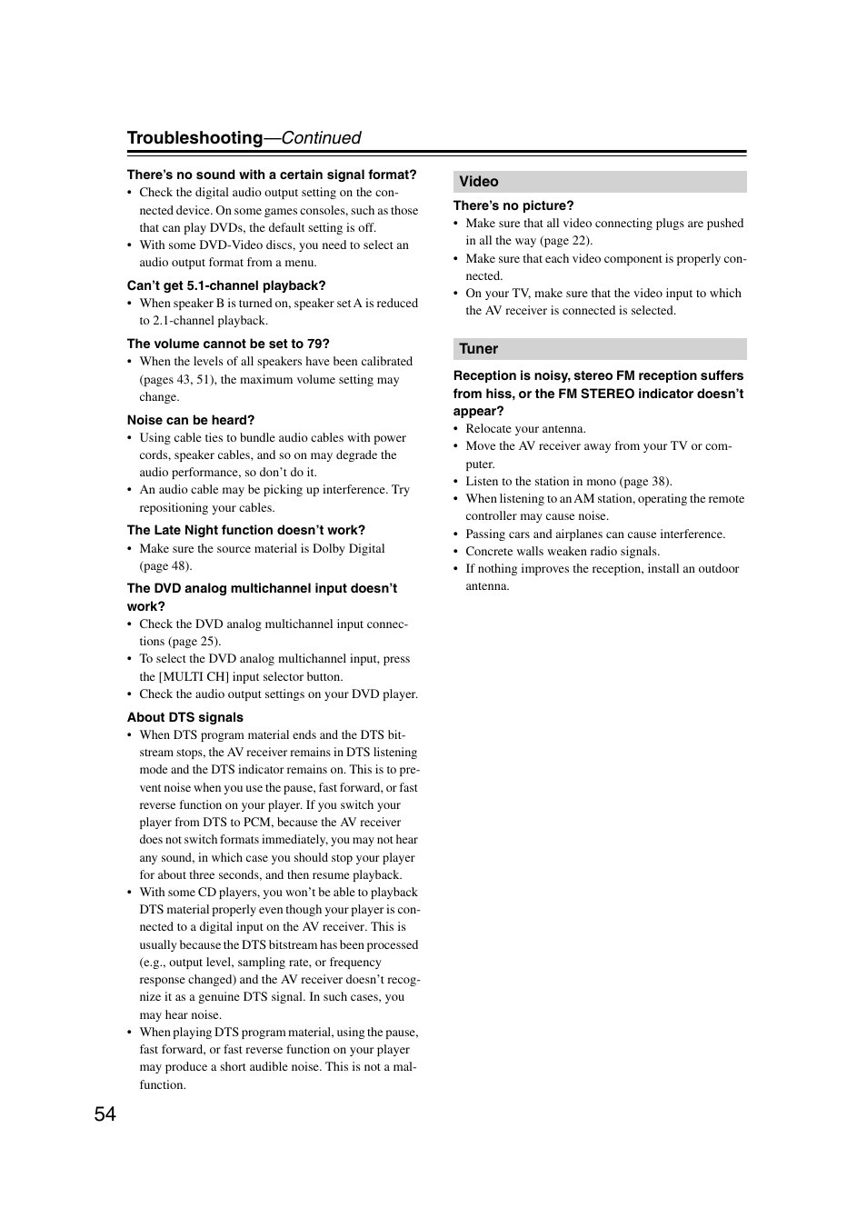 Troubleshooting —continued | Onkyo HT-S580 User Manual | Page 54 / 60