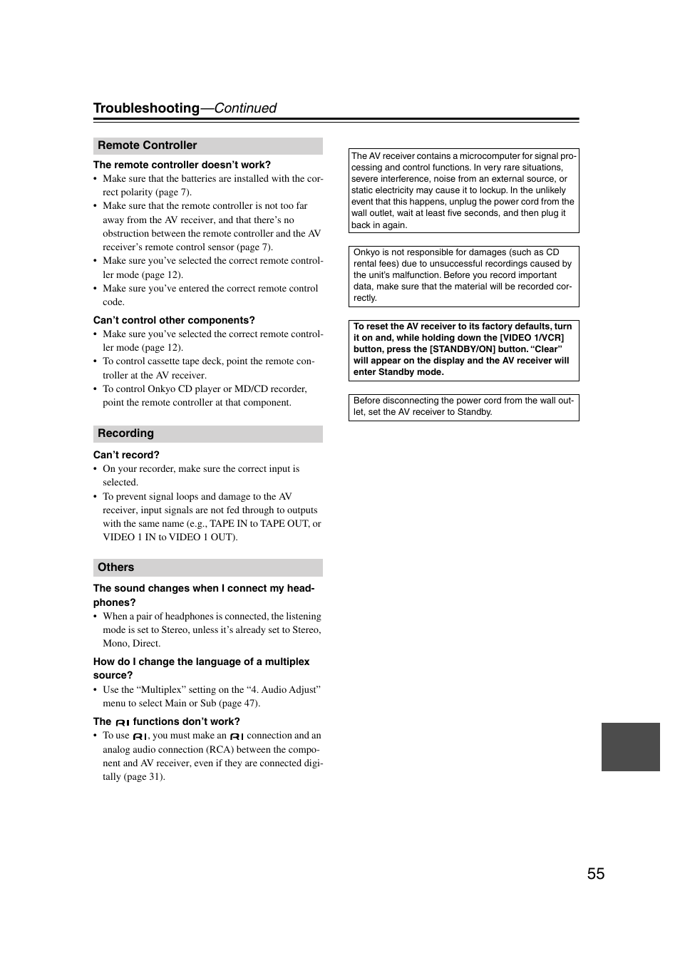 Troubleshooting —continued | Onkyo HT-S580 User Manual | Page 55 / 60