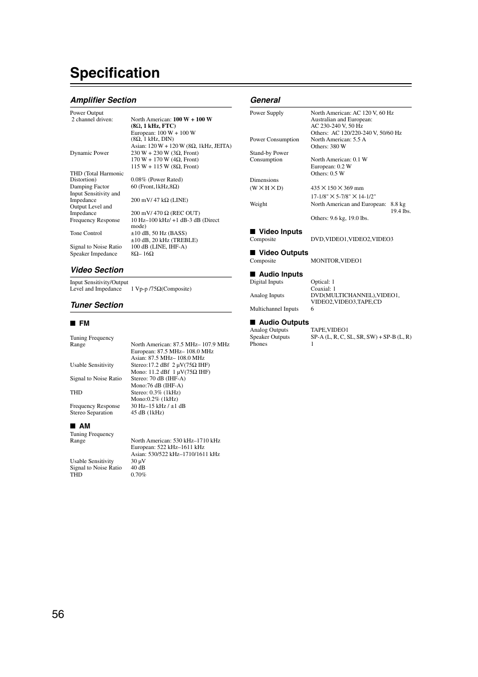 Specification | Onkyo HT-S580 User Manual | Page 56 / 60