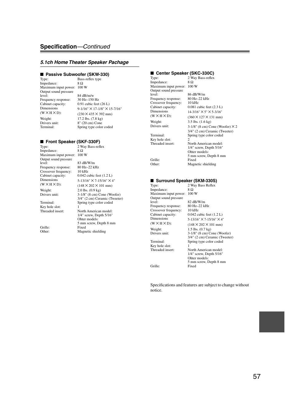 Specification —continued | Onkyo HT-S580 User Manual | Page 57 / 60