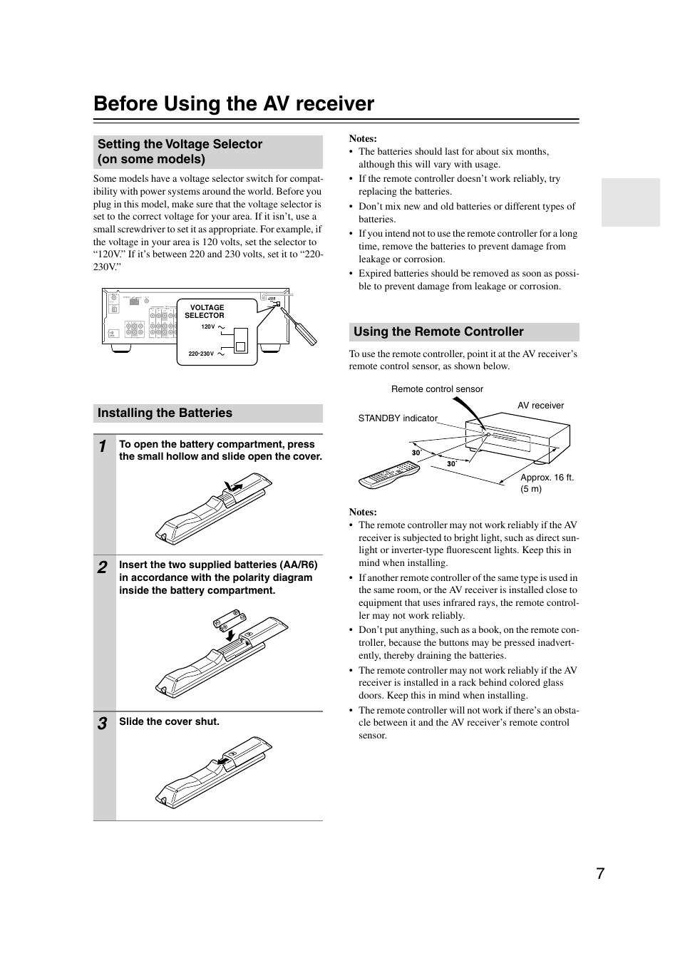 Before using the av receiver, Setting the voltage selector (on some models), Installing the batteries | Using the remote controller | Onkyo HT-S580 User Manual | Page 7 / 60