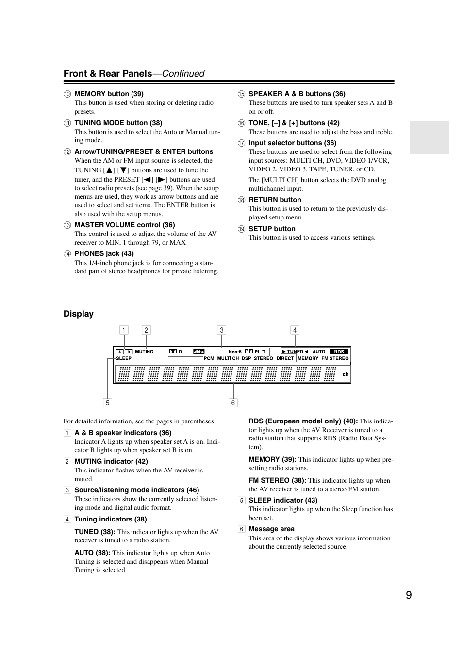 Display, Front & rear panels —continued | Onkyo HT-S580 User Manual | Page 9 / 60
