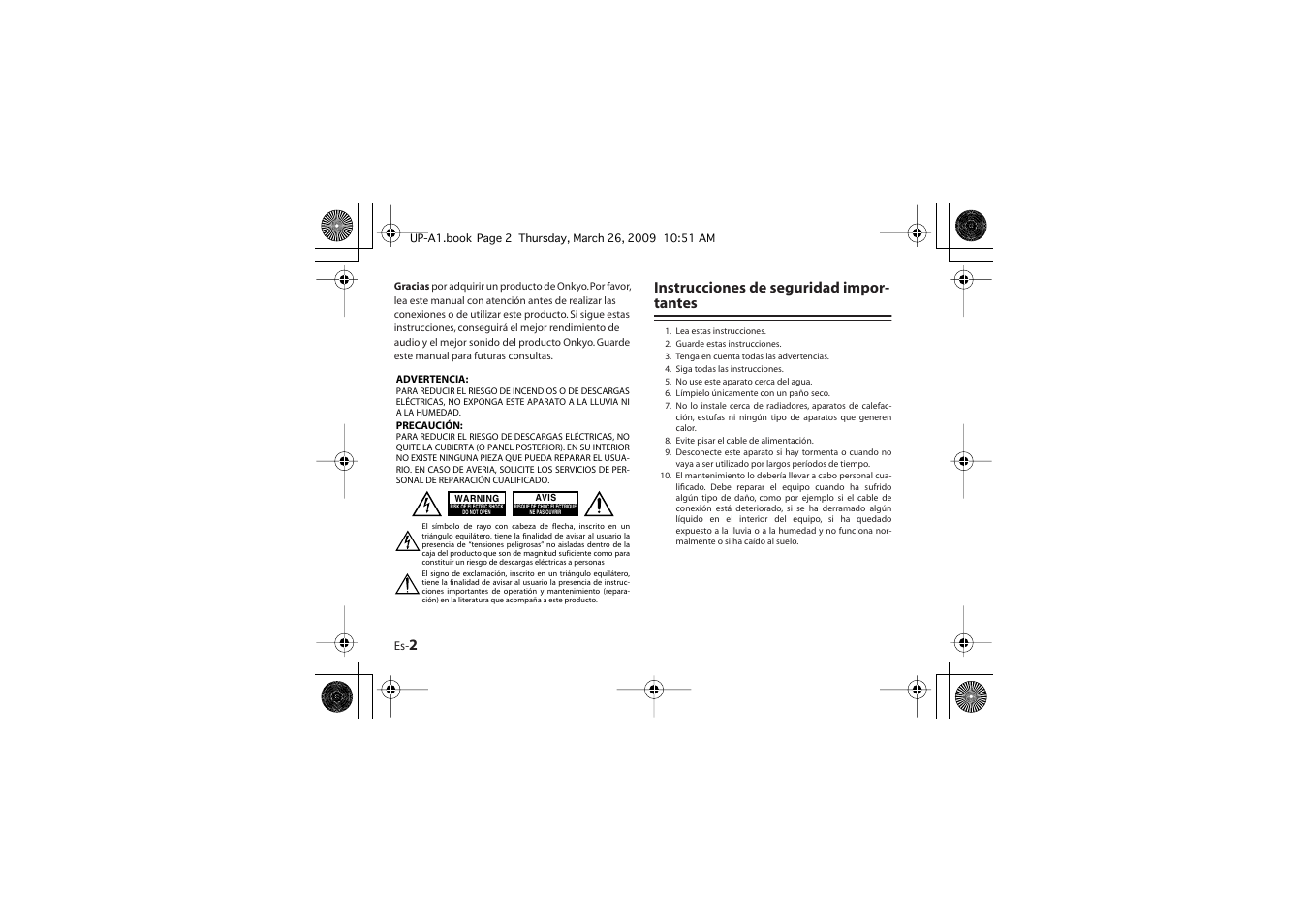 Instrucciones de seguridad impor- tantes | Onkyo UP-A1 User Manual | Page 14 / 76