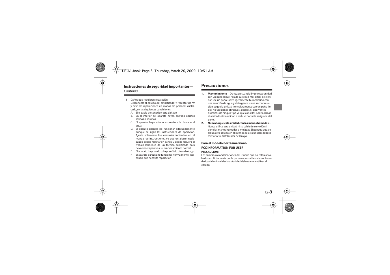 Precauciones | Onkyo UP-A1 User Manual | Page 15 / 76