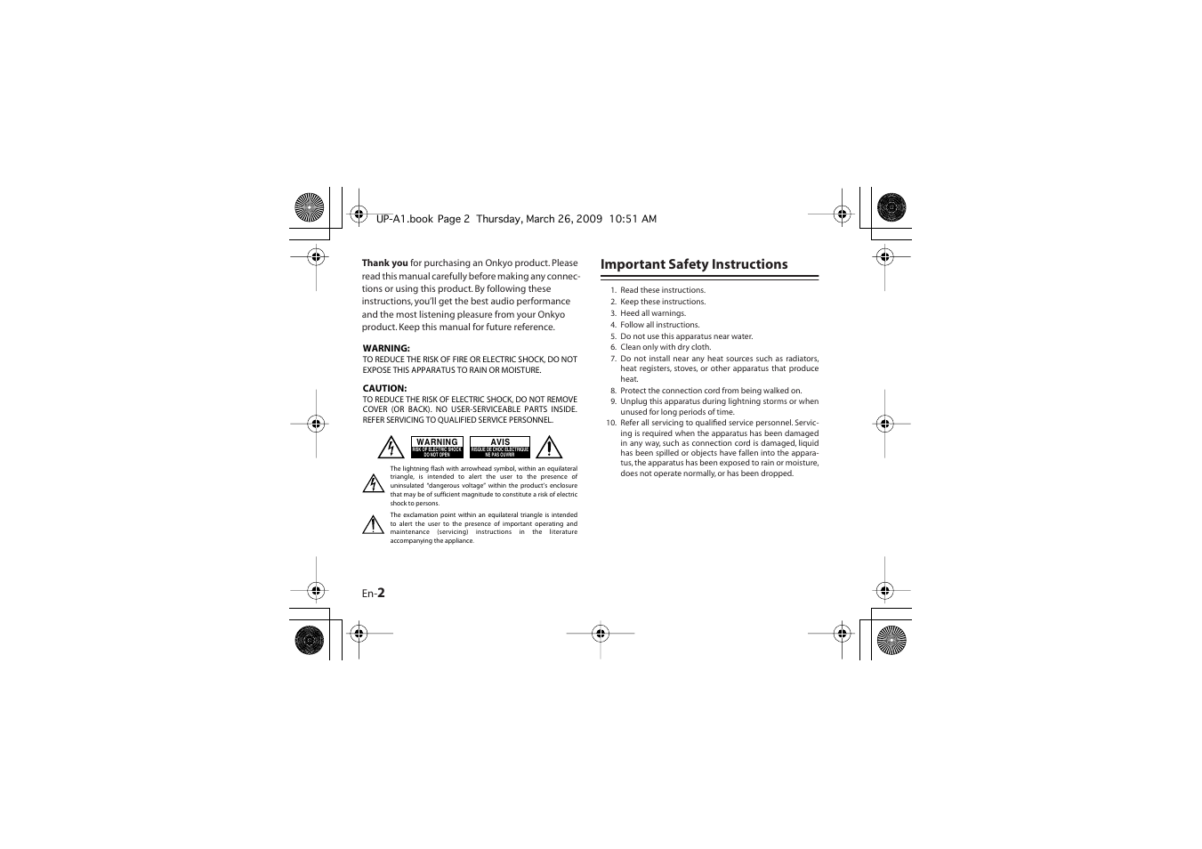 Important safety instructions | Onkyo UP-A1 User Manual | Page 2 / 76