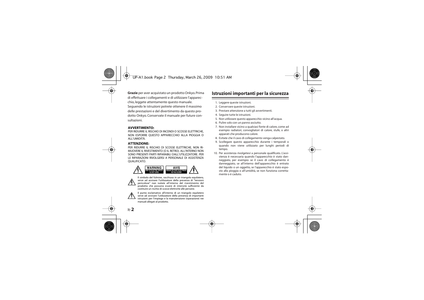 Istruzioni importanti per la sicurezza | Onkyo UP-A1 User Manual | Page 20 / 76