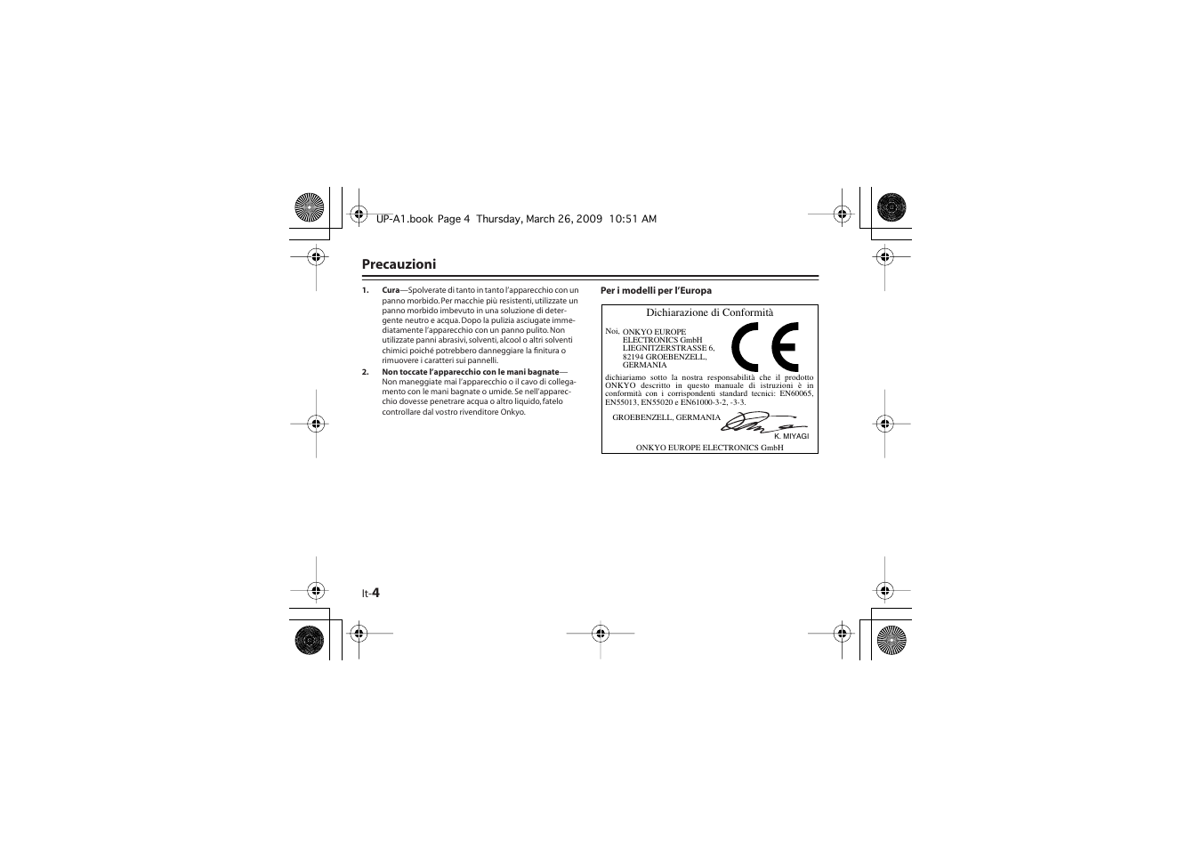 4 precauzioni | Onkyo UP-A1 User Manual | Page 22 / 76