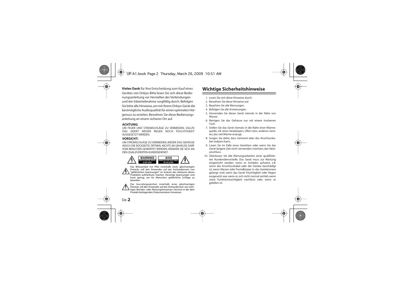 Wichtige sicherheitshinweise | Onkyo UP-A1 User Manual | Page 26 / 76