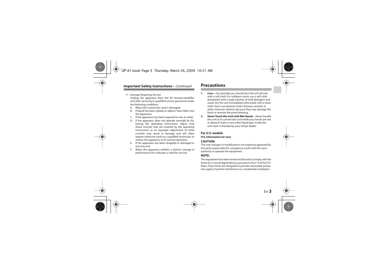 Precautions | Onkyo UP-A1 User Manual | Page 3 / 76