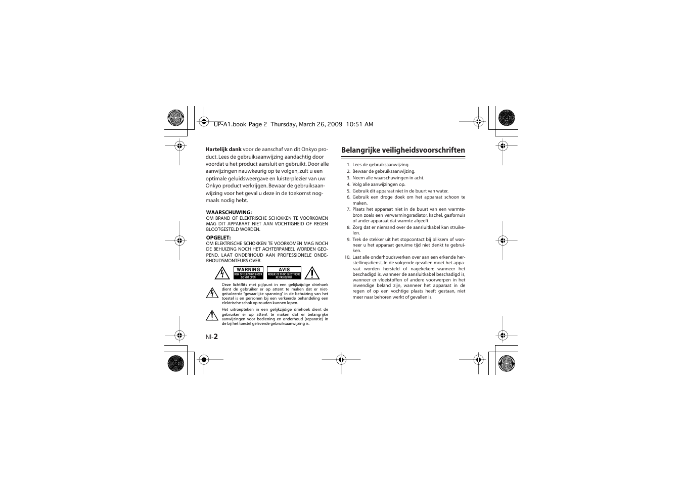 Belangrijke veiligheidsvoorschriften | Onkyo UP-A1 User Manual | Page 32 / 76