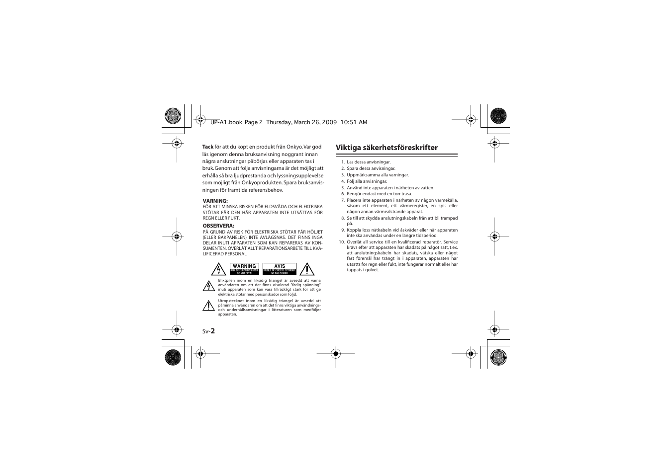 Viktiga säkerhetsföreskrifter | Onkyo UP-A1 User Manual | Page 38 / 76