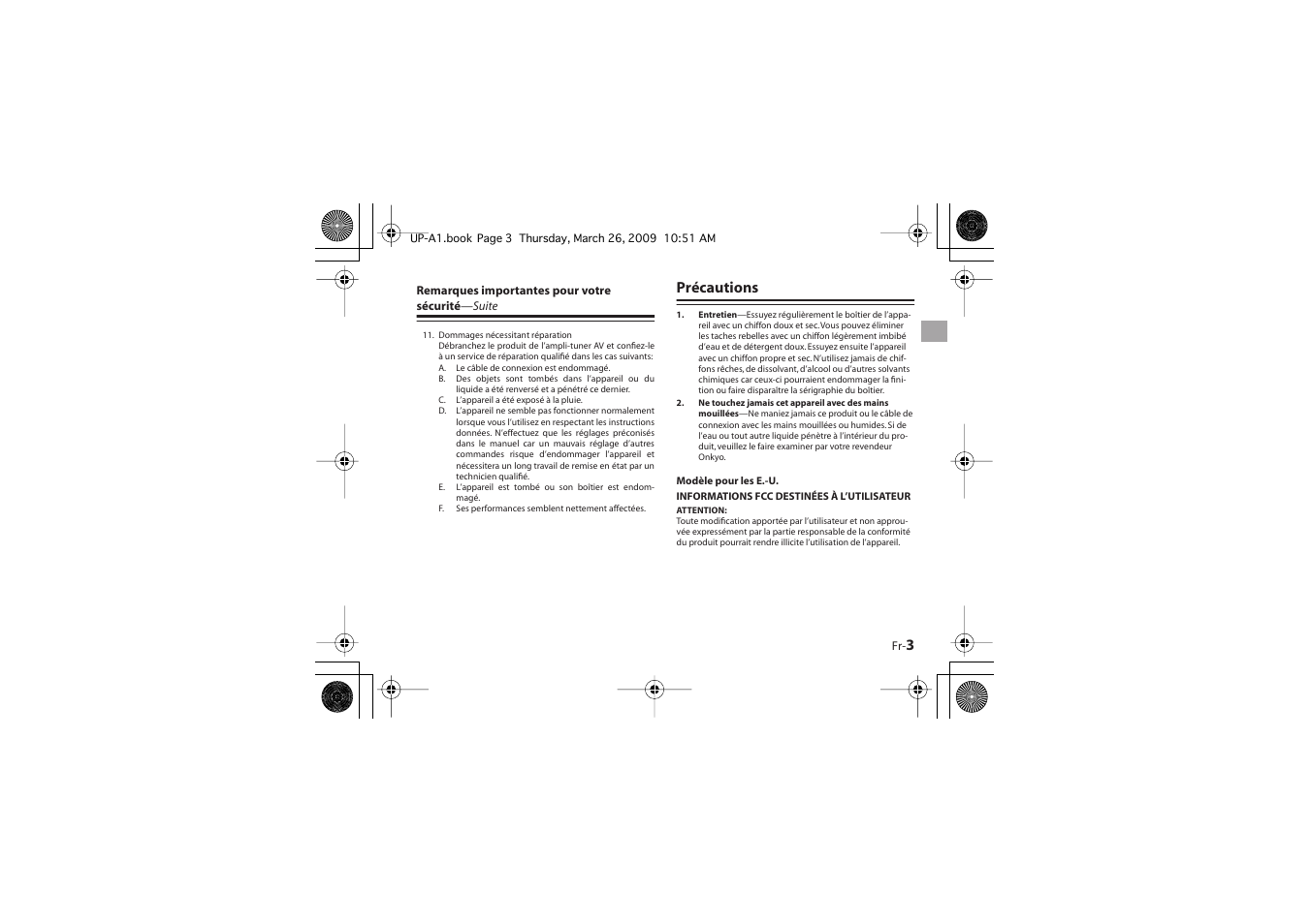 Précautions | Onkyo UP-A1 User Manual | Page 9 / 76