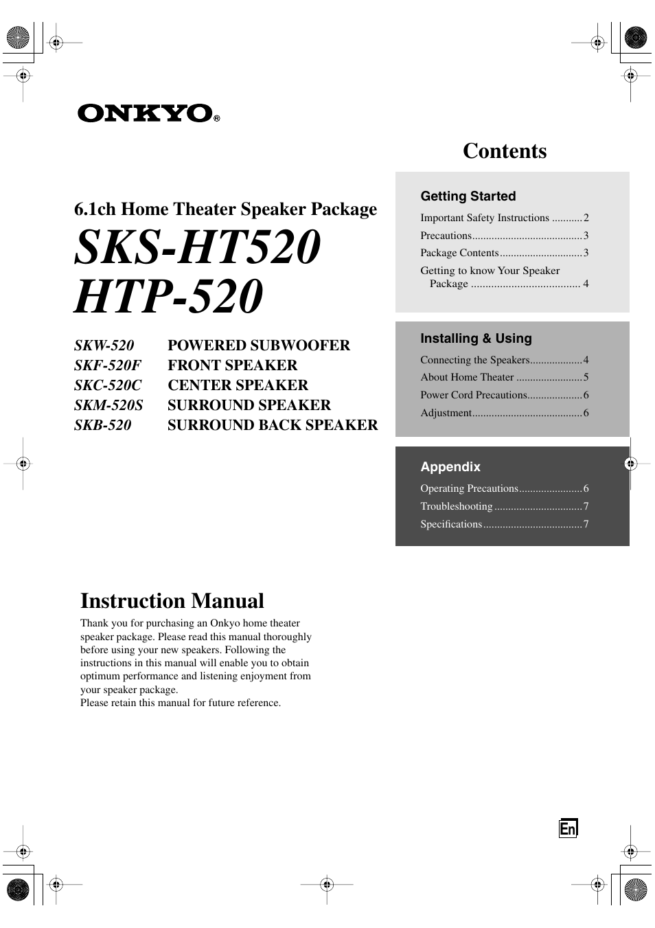 Onkyo SKW-520 User Manual | 8 pages