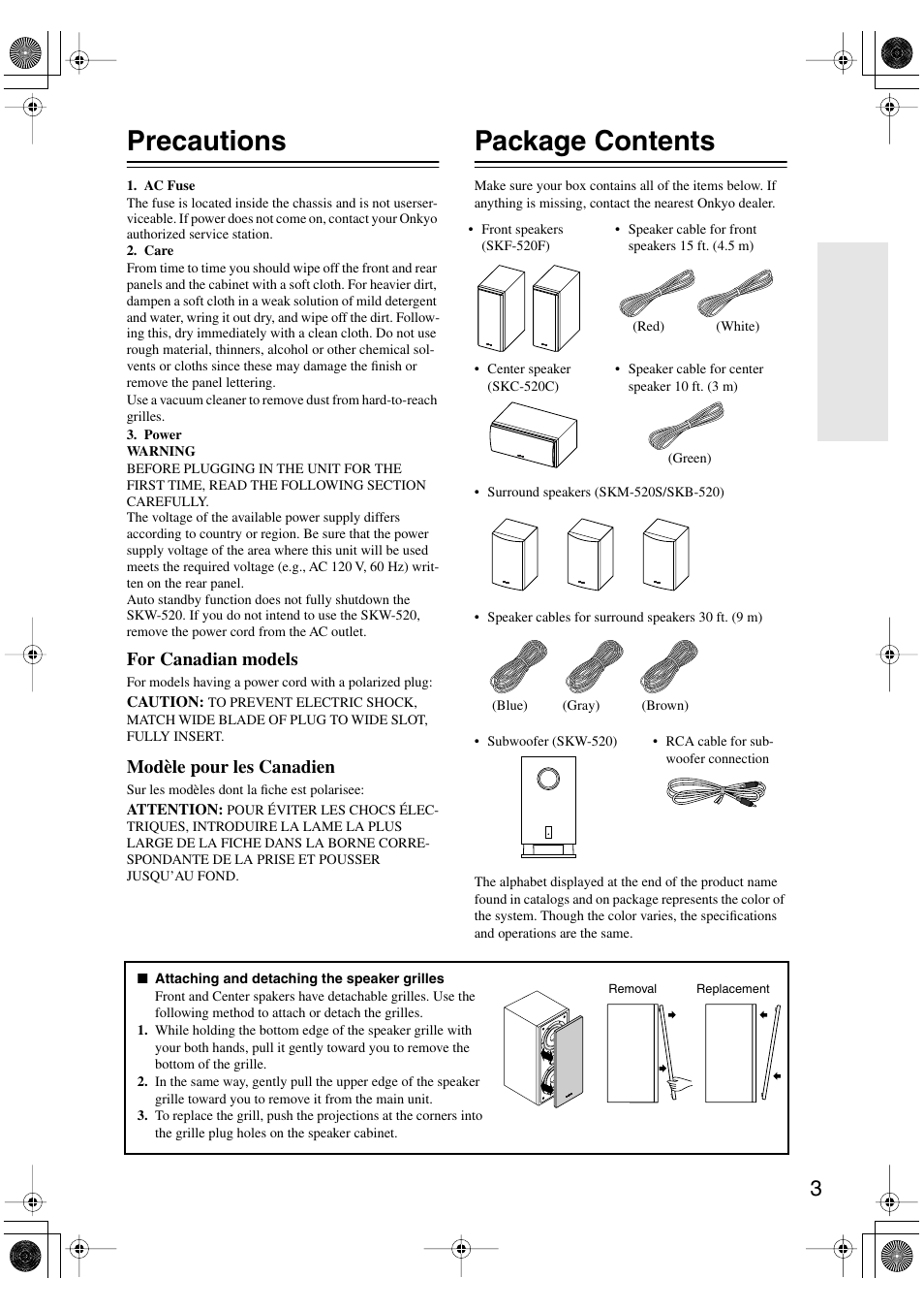 Precautions, Package contents, For canadian models | Modèle pour les canadien | Onkyo SKW-520 User Manual | Page 3 / 8