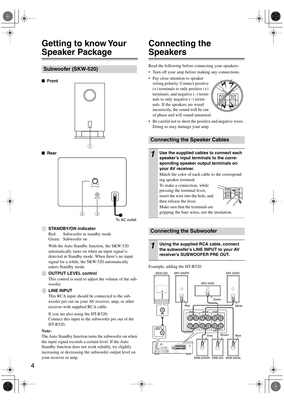 Getting to know your speaker package, Connecting the speakers, Subwoofer (skw-520) | Connecting the speaker cables, Connecting the subwoofer | Onkyo SKW-520 User Manual | Page 4 / 8