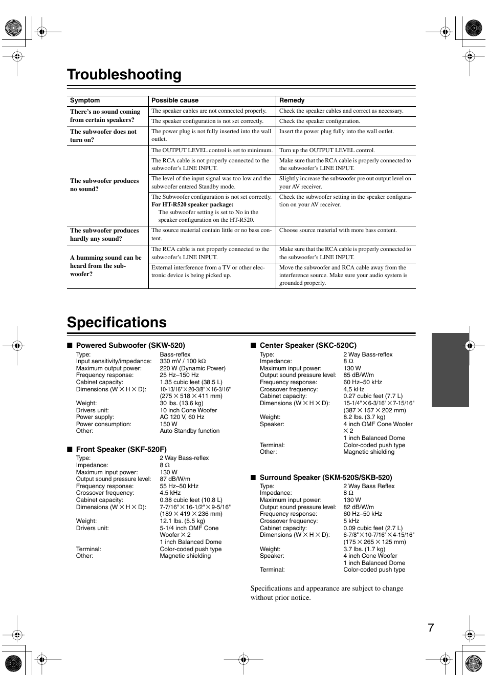 Troubleshooting specifications | Onkyo SKW-520 User Manual | Page 7 / 8