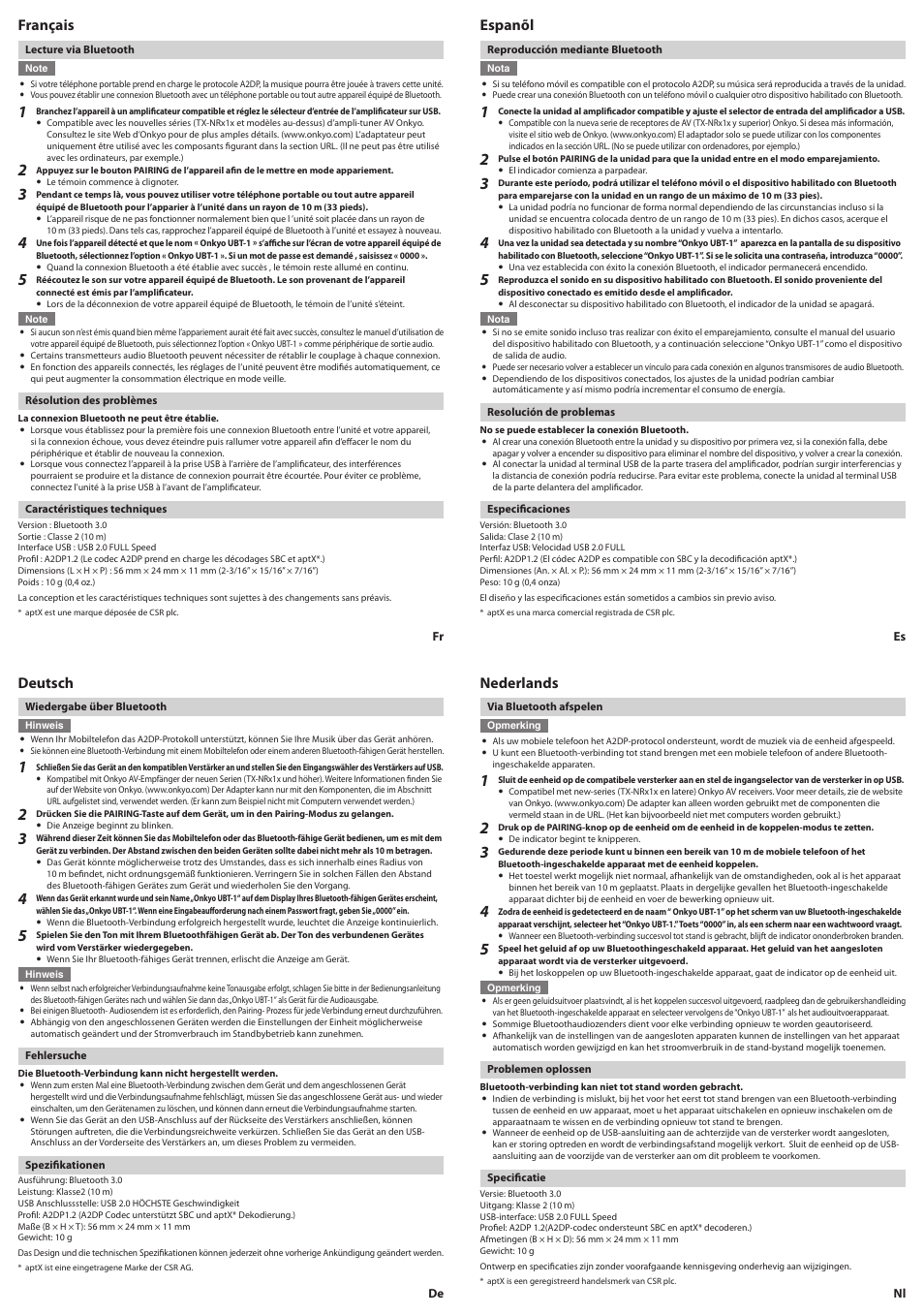 Français, Deutsch, Espanõl | Nederlands | Onkyo BLUETOOTH USB ADAPTER UBT-1 User Manual | Page 2 / 2