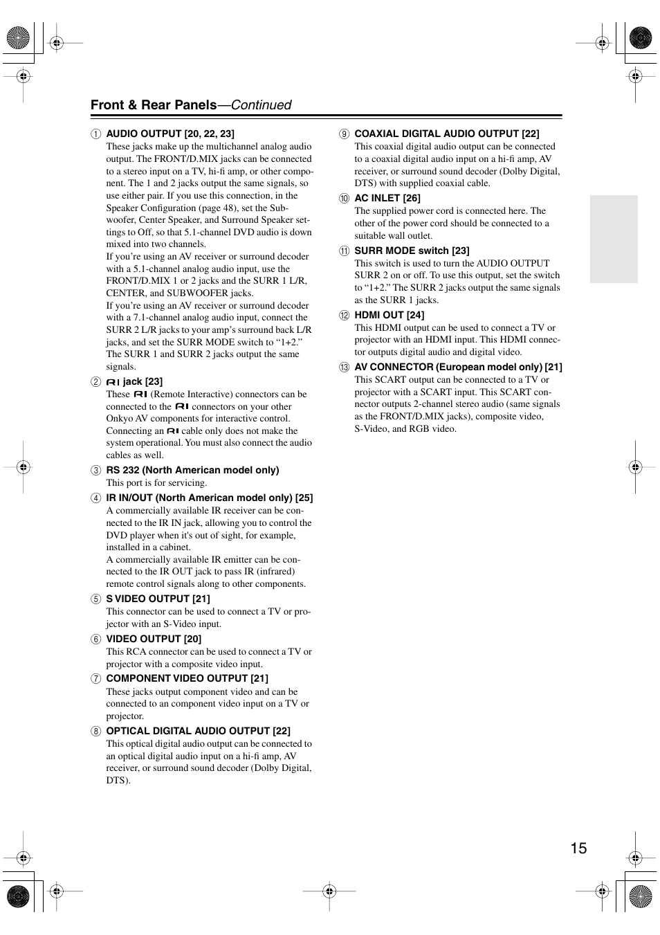 Front & rear panels —continued | Onkyo DV SP504 User Manual | Page 15 / 64