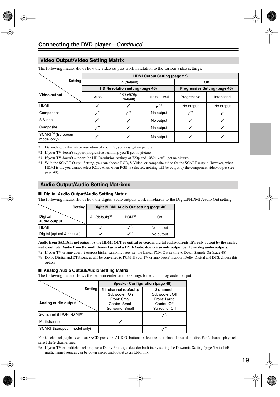 Video output/video setting matrix, Audio output/audio setting matrixes, Connecting the dvd player —continued | Onkyo DV SP504 User Manual | Page 19 / 64