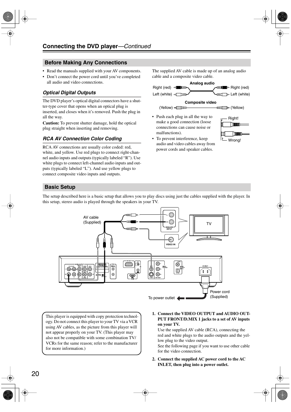 Before making any connections, Basic setup, Before making any connections basic setup | Udio output [20, Video output [20, Connecting the dvd player —continued | Onkyo DV SP504 User Manual | Page 20 / 64