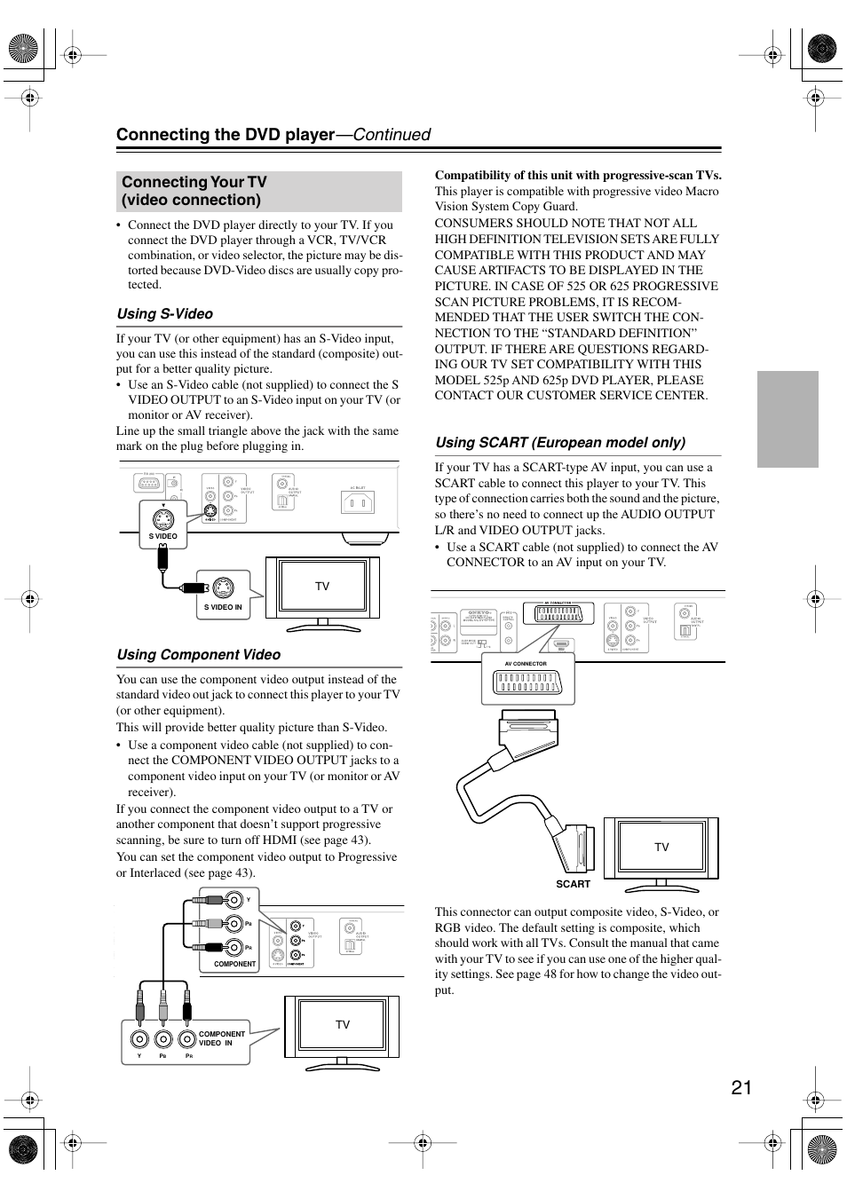 Connecting your tv (video connection), Video output [21, Y) [21 | Connecting the dvd player —continued, Using s-video, Using component video, Using scart (european model only) | Onkyo DV SP504 User Manual | Page 21 / 64