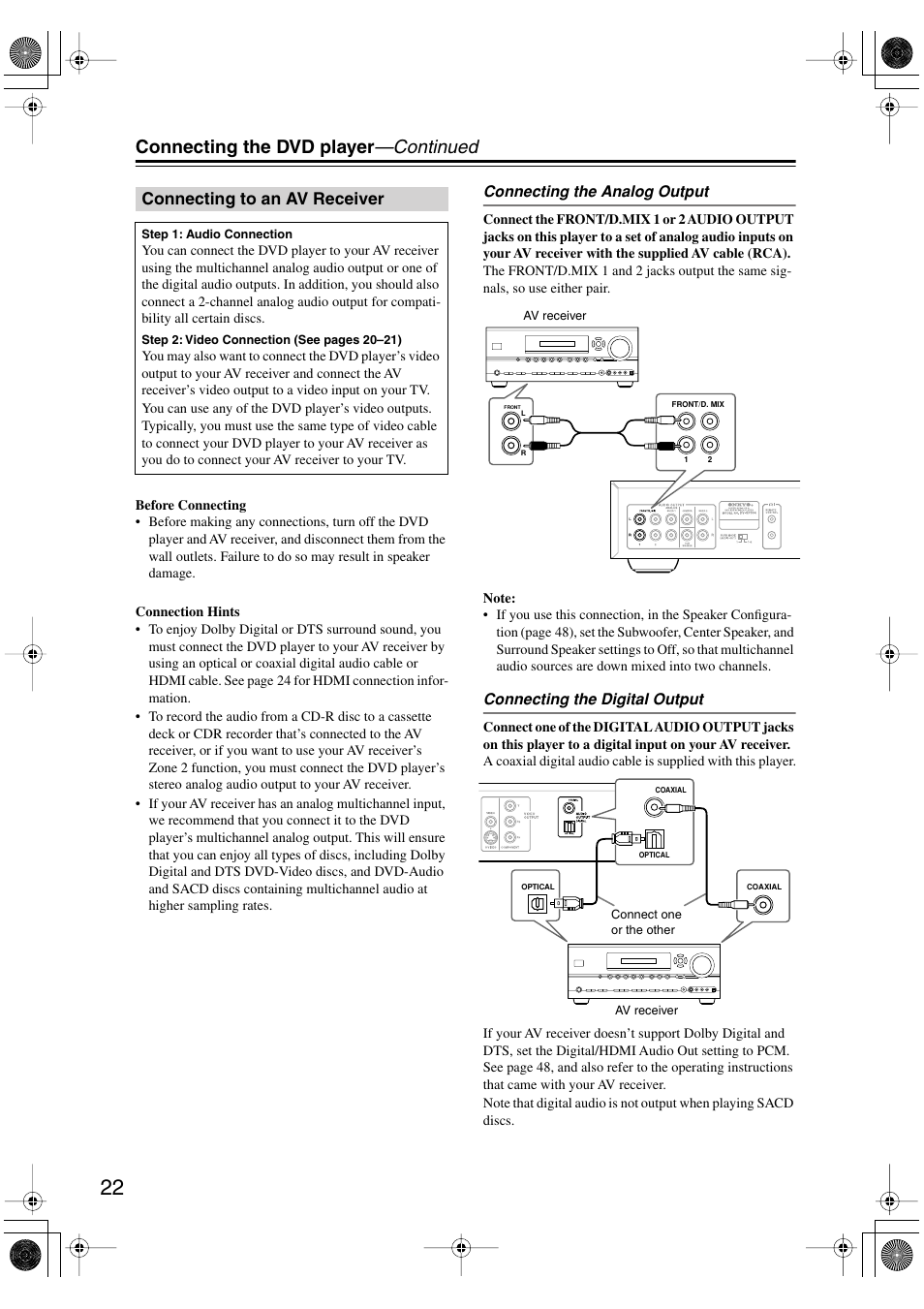 Connecting to an av receiver, Udio output [22, Connecting the dvd player —continued | Onkyo DV SP504 User Manual | Page 22 / 64