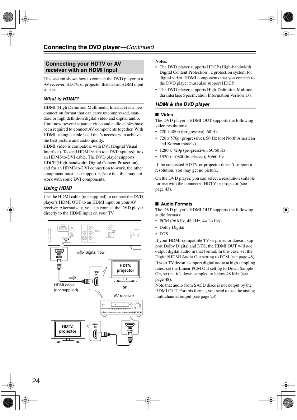 Connecting your hdtv or av receiver, With an hdmi input, Hdmi out [24 | Connecting the dvd player —continued | Onkyo DV SP504 User Manual | Page 24 / 64