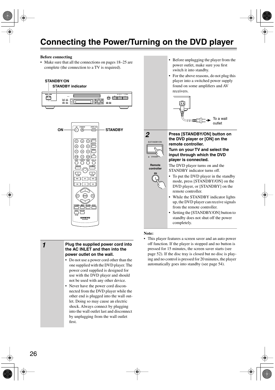 Connecting the power/turning on the dvd player, Connecting the power/turning, On the dvd player | Utton [26, Andby indicator [26, Inlet [26 | Onkyo DV SP504 User Manual | Page 26 / 64