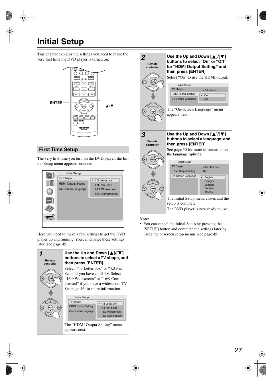 Initial setup, First time setup, Getting started and setting up | Onkyo DV SP504 User Manual | Page 27 / 64