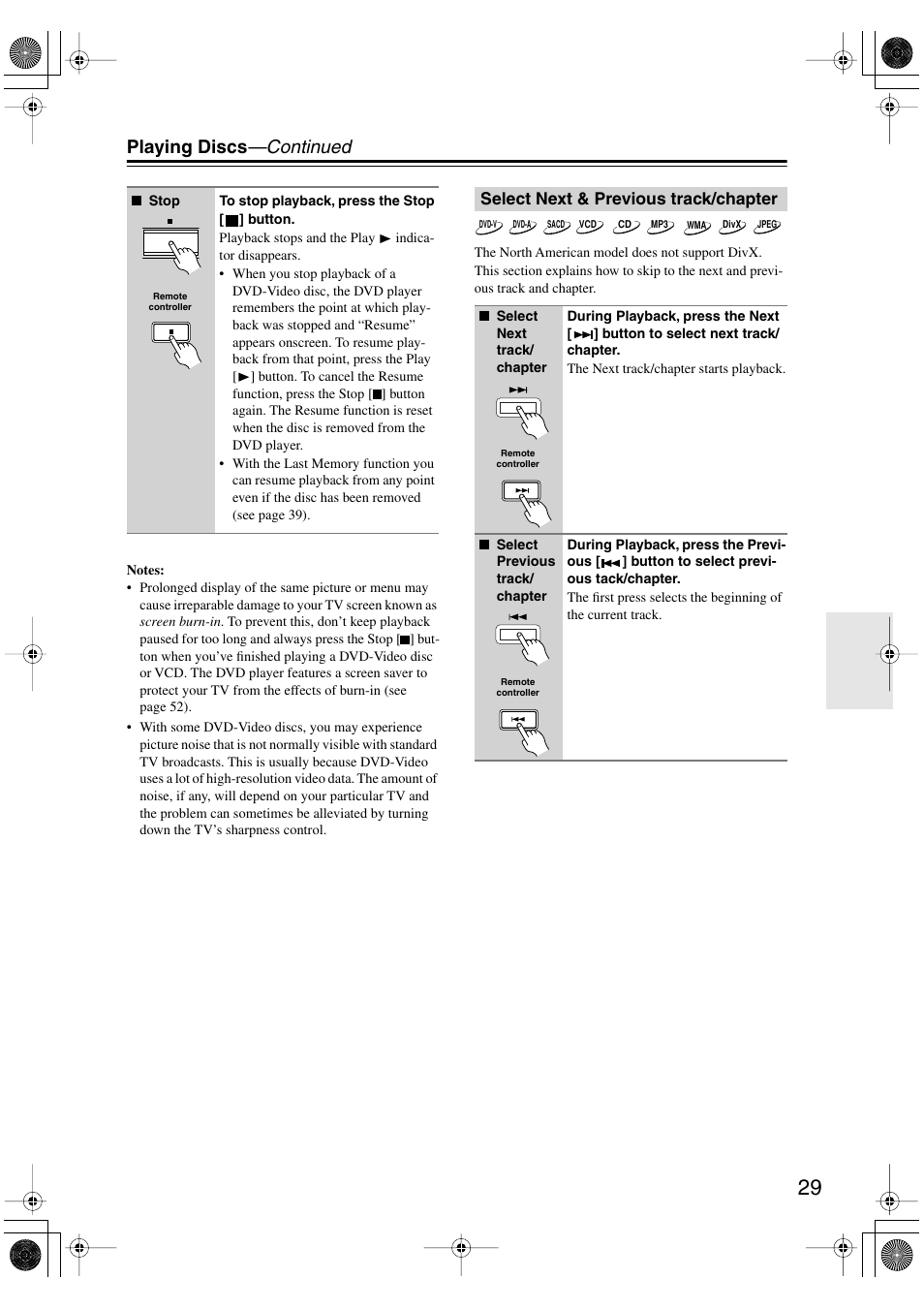 Select next & previous track/chapter, Utton [29, Uttons [29 | Playing discs —continued | Onkyo DV SP504 User Manual | Page 29 / 64