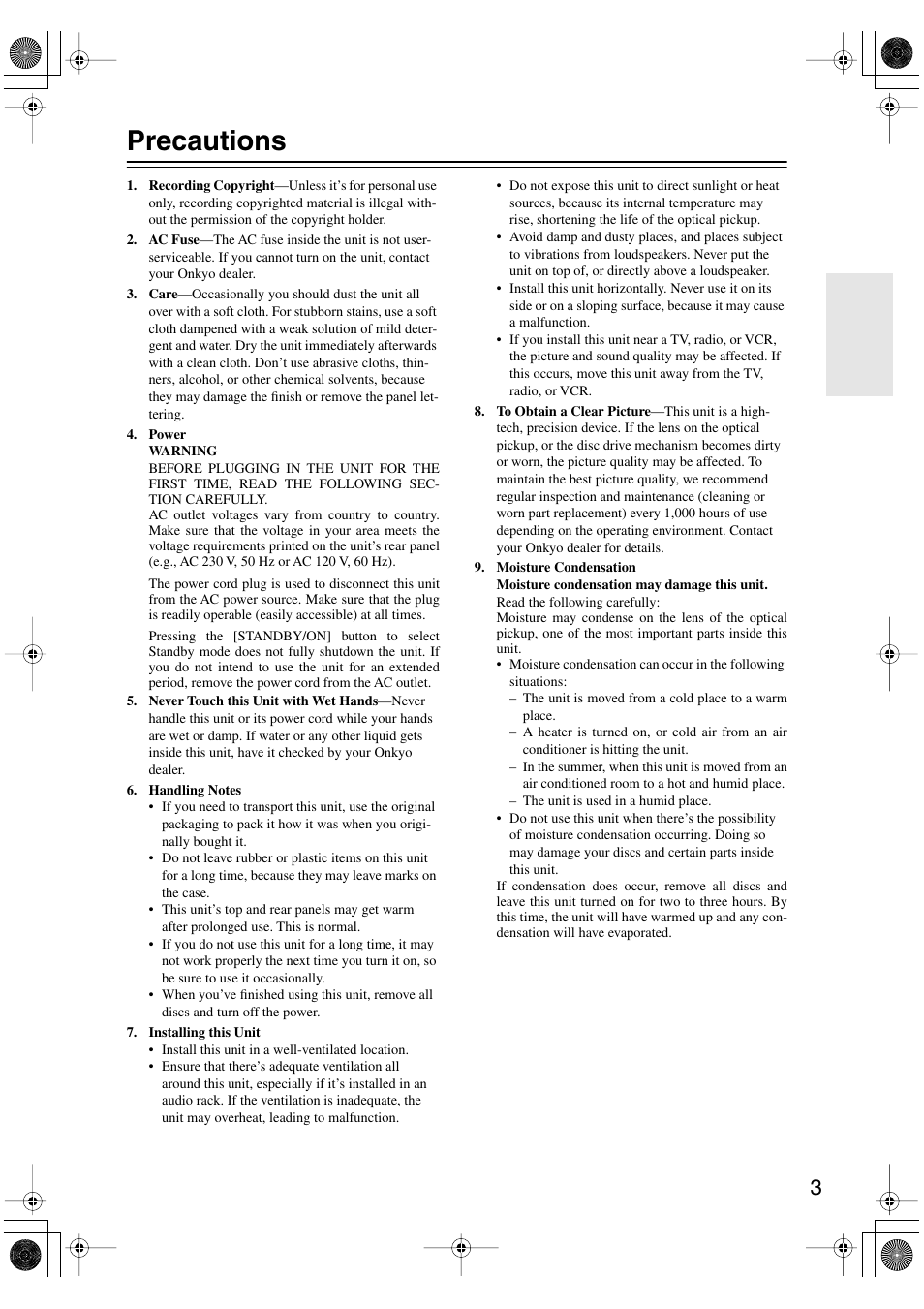 Precautions | Onkyo DV SP504 User Manual | Page 3 / 64