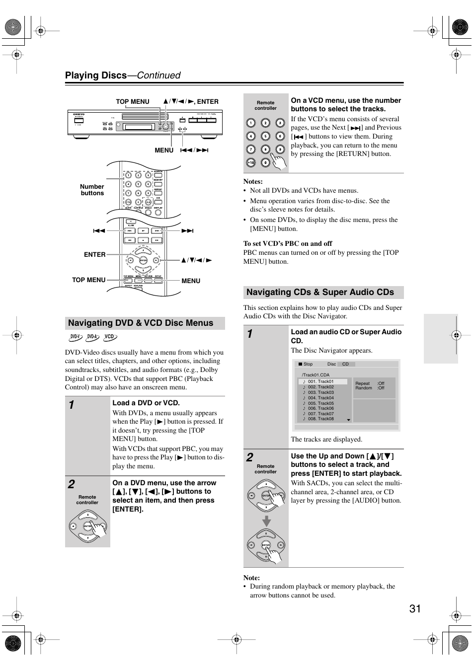 Navigating dvd & vcd disc menus, Navigating cds & super audio cds, Utton [31 | Playing discs —continued | Onkyo DV SP504 User Manual | Page 31 / 64