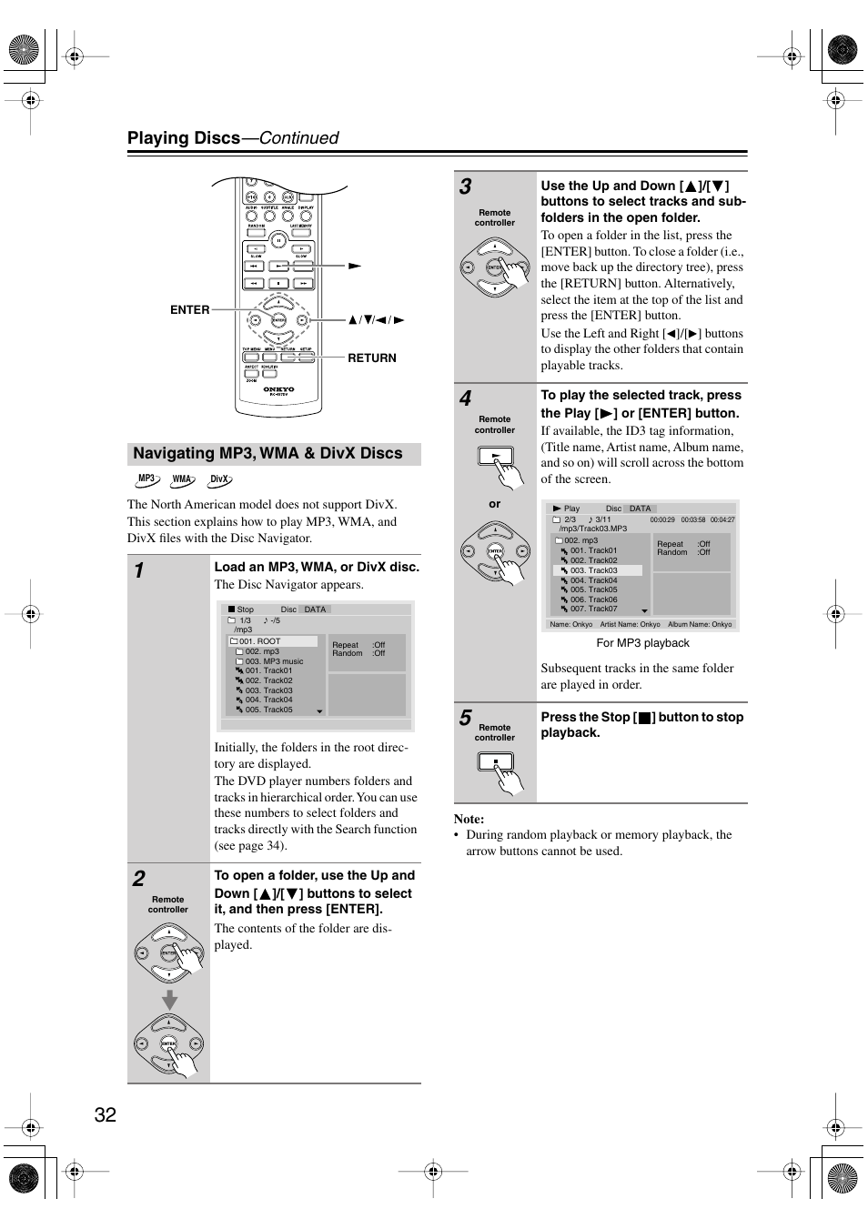 Navigating mp3, wma & divx discs, Navigating mp3, wma, and divx discs, Playing discs —continued | Onkyo DV SP504 User Manual | Page 32 / 64
