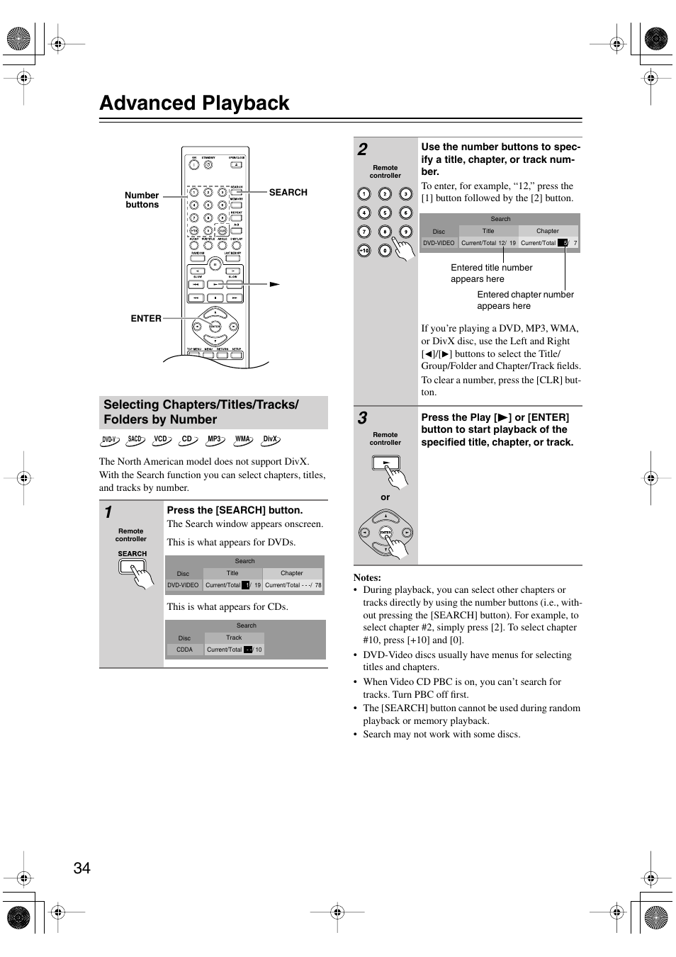 Advanced playback, Playback techniques, Selecting chapters/titles/tracks/folders | By number, Uttons [34, Utton [34 | Onkyo DV SP504 User Manual | Page 34 / 64