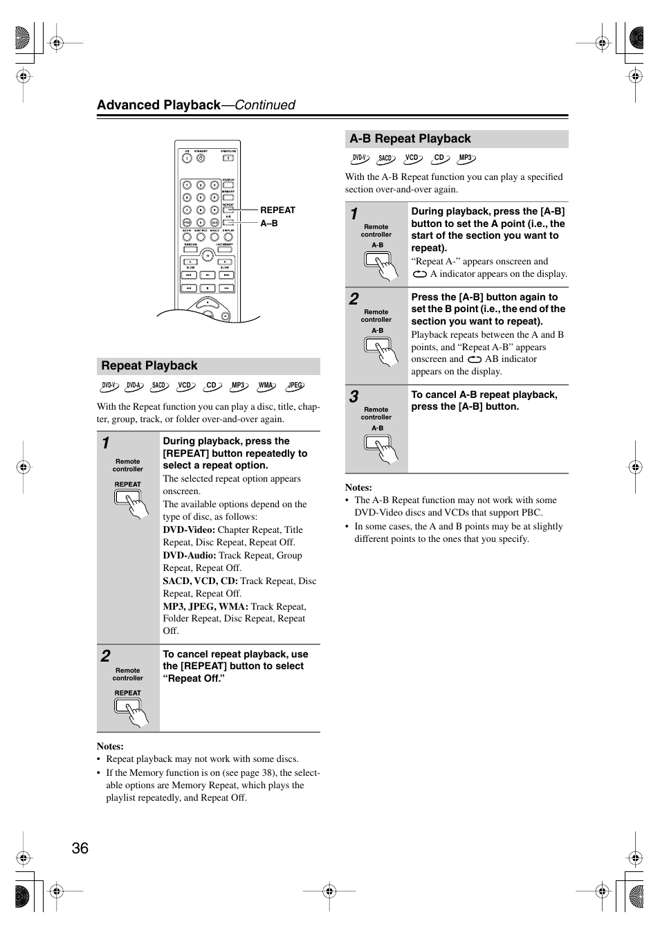 Repeat playback, A-b repeat playback, Repeat playback a-b repeat playback | Utton [36, Advanced playback —continued | Onkyo DV SP504 User Manual | Page 36 / 64