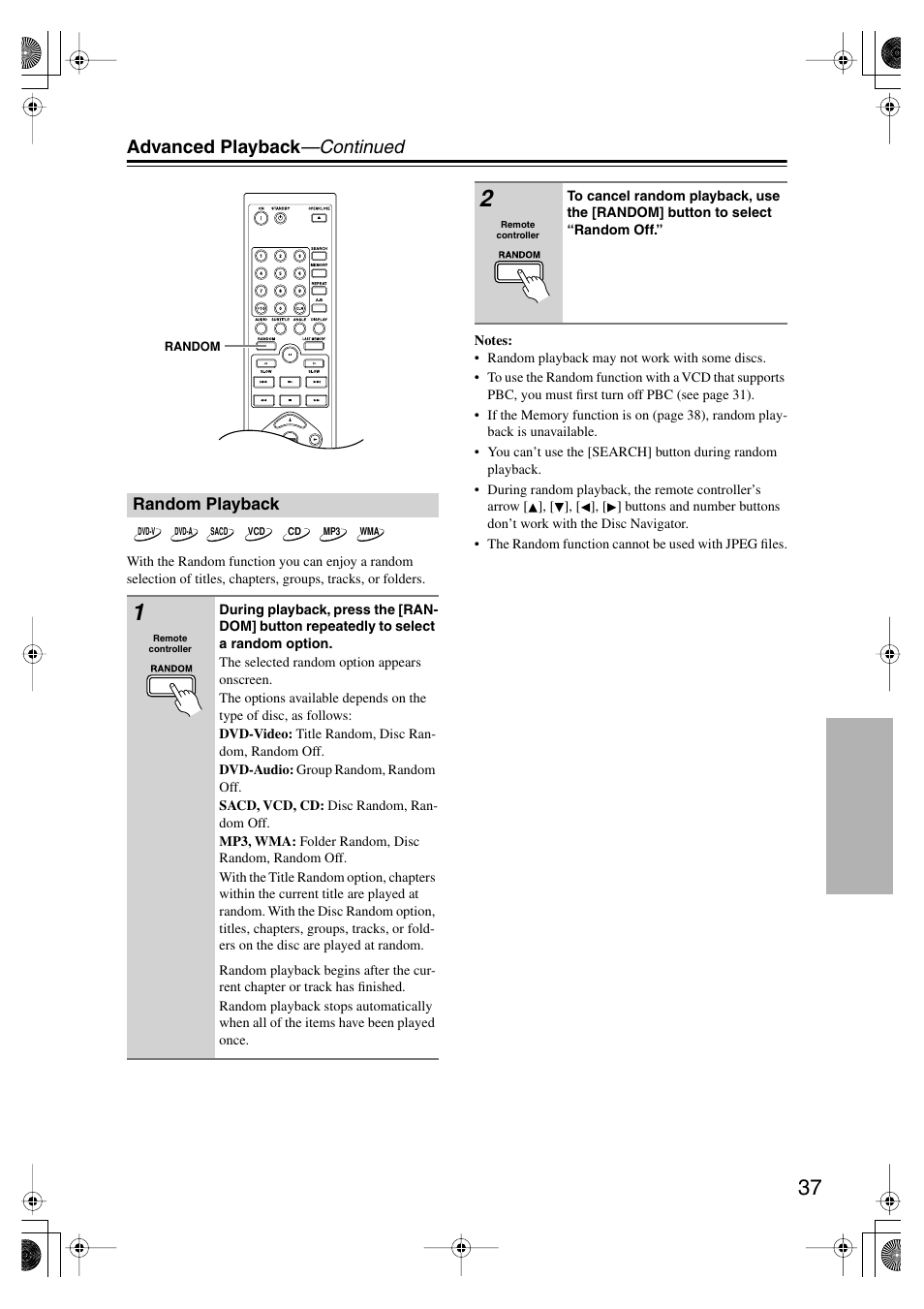Random playback, Utton [37, Advanced playback —continued | Onkyo DV SP504 User Manual | Page 37 / 64