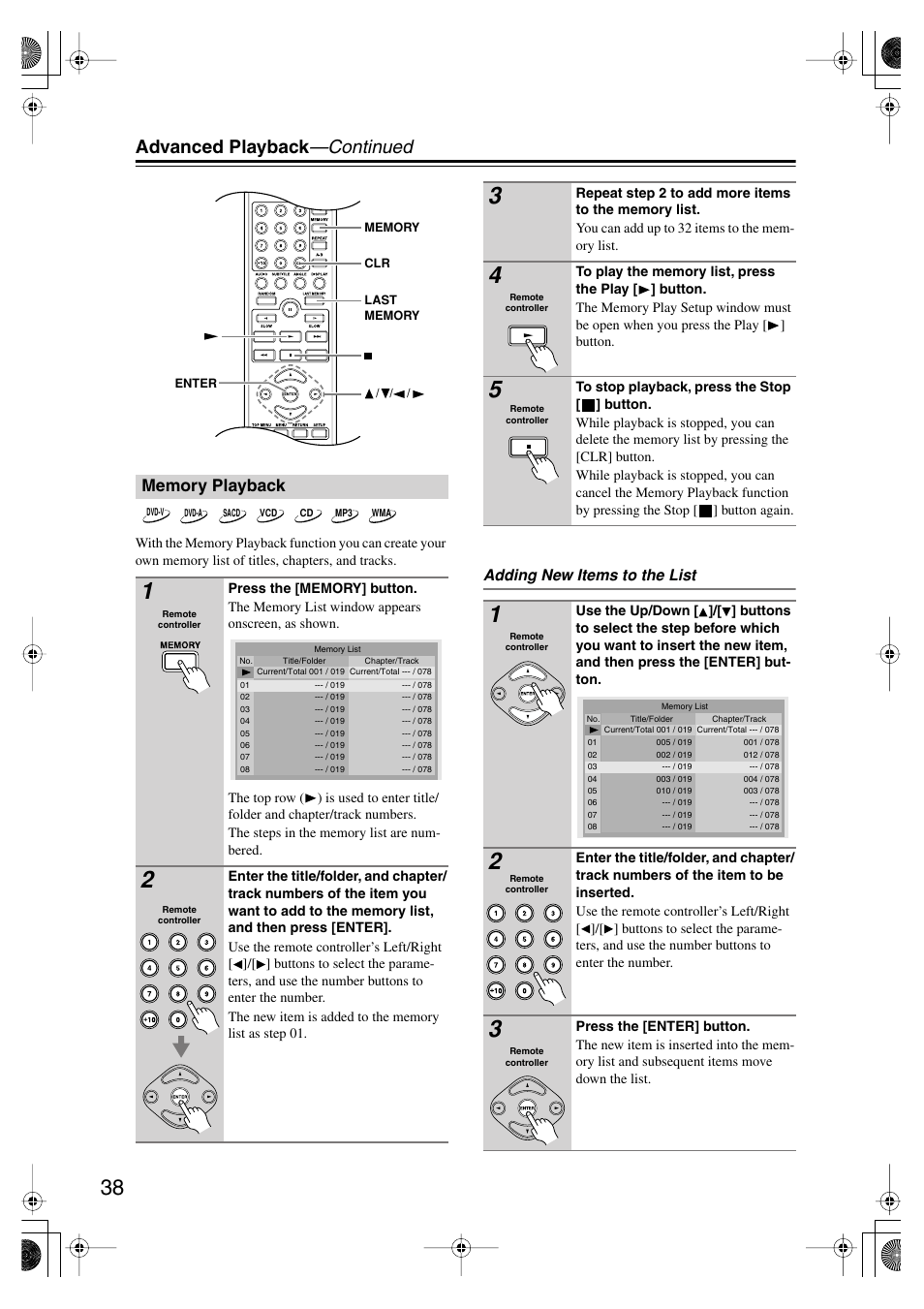 Memory playback, Utton [38, Advanced playback —continued | Adding new items to the list | Onkyo DV SP504 User Manual | Page 38 / 64