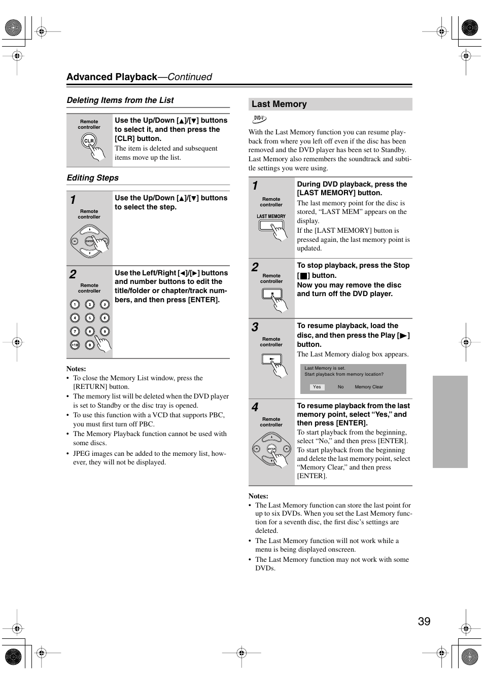 Last memory, Utton [39, Advanced playback —continued | Onkyo DV SP504 User Manual | Page 39 / 64